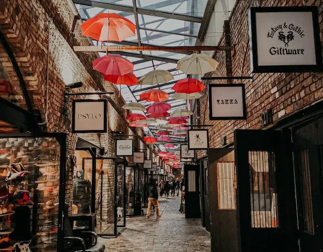 Camden market strip with umbrellas on the ceiling