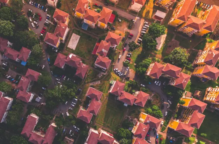 Birdseye view of multiple houses and streets