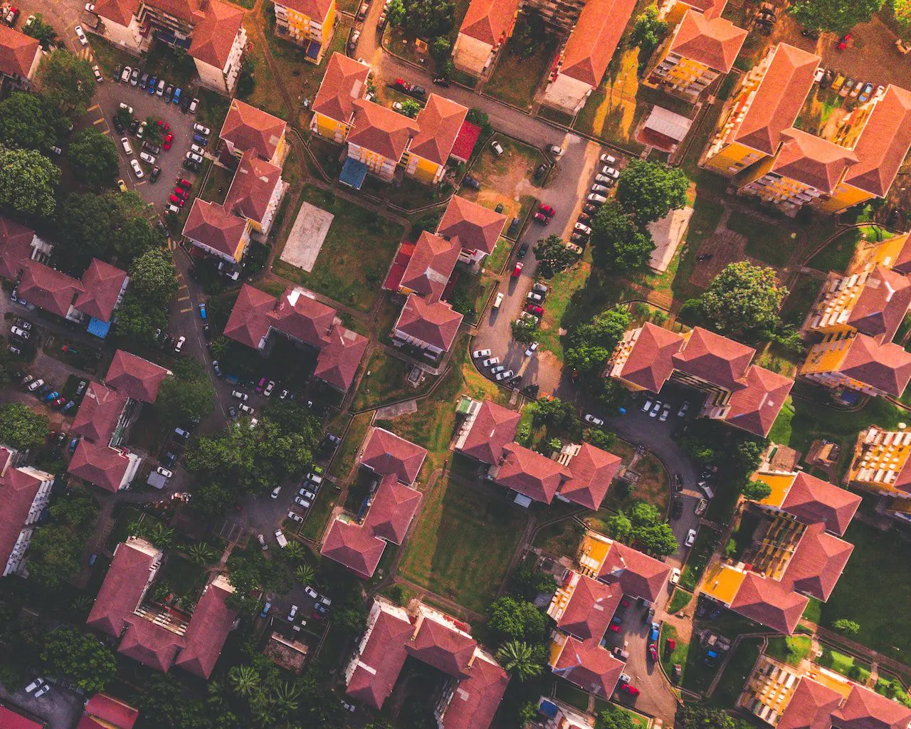 Birdseye view of multiple houses and streets