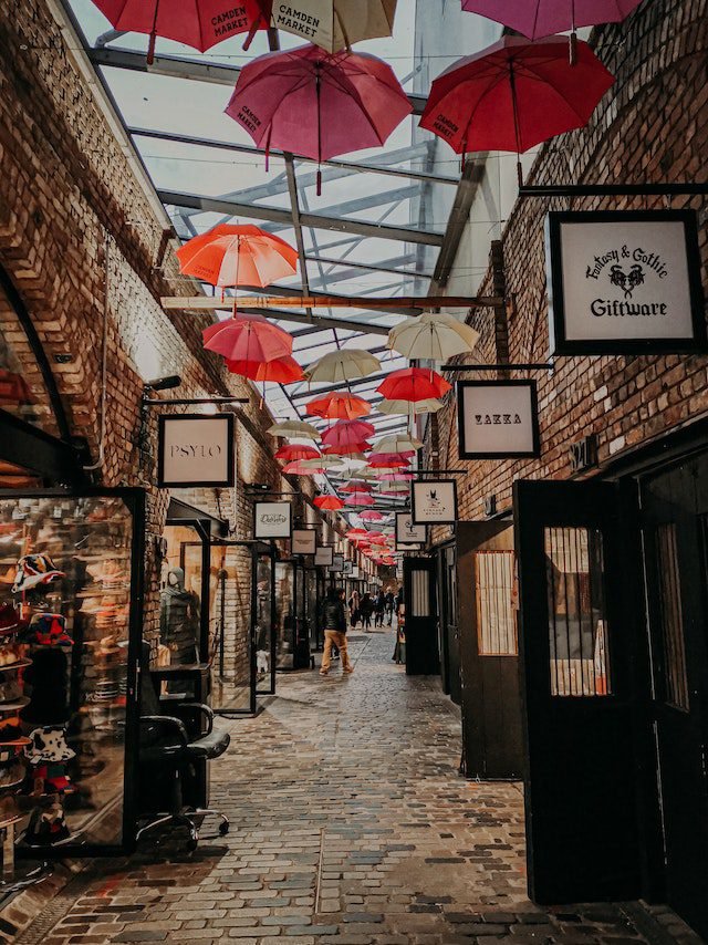 Camden market strip with umbrellas on the ceiling